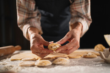 Female Hands Making Homemade Dumplings with Cottage Cheese, Preparation Process