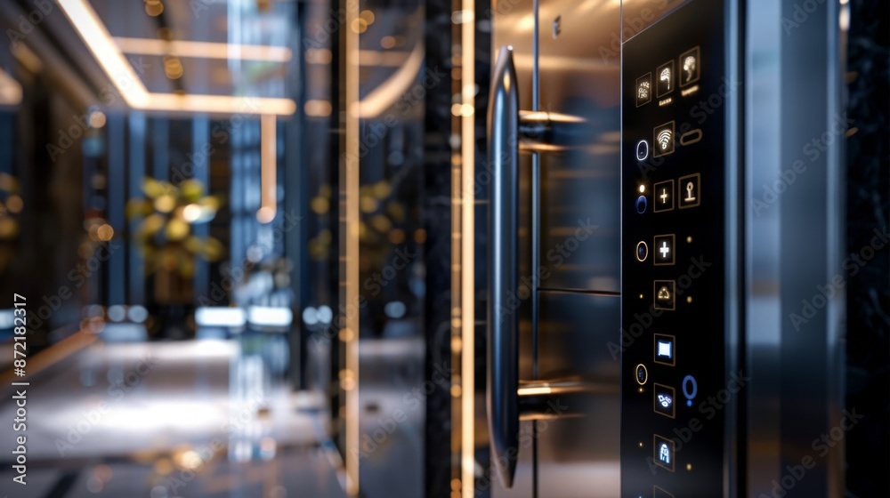 Poster A close-up of a sleek, black elevator control panel with illuminated buttons in a modern apartment building. The panel features a minimalist design with a brushed metal finish.