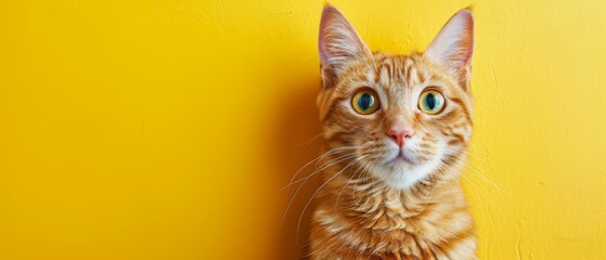  A cat gazes at the camera with a yellow wall serving as both foreground and background