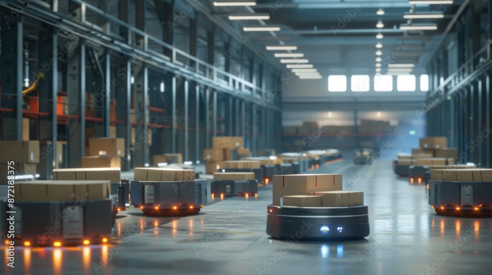 Poster Automated carts transport packages through a large warehouse. The carts are moving along a designated path, carrying boxes to different locations within the facility.