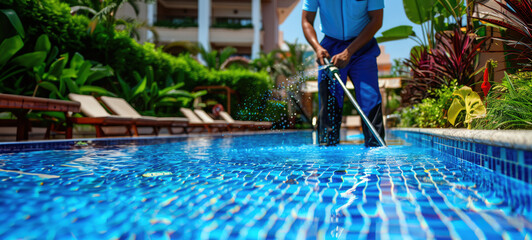 Close up shot of a swimming pool cleaner using a long pole with a net or brush to remove leaves and debris from a serene, cleaning service