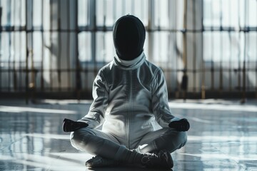 Focused Fencer Meditating Before Match in Full Gear, Sitting Cross-Legged in Bright Room with Curtains