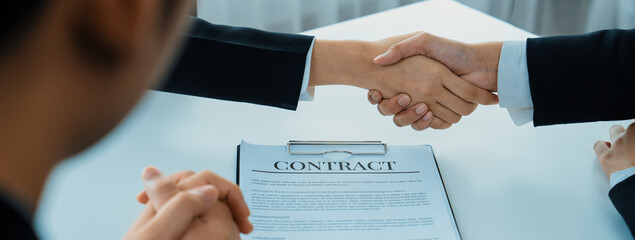 Two business executive shake hand in boardroom, sealing agreement merging two company. Handshake...