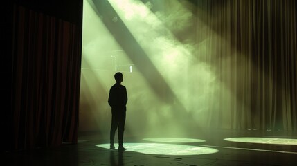 Fototapeta premium Silhouette of a Person Standing on Stage with Dramatic Lighting