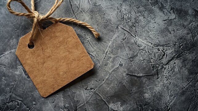 Empty layout layout on grey background. Common blank label name tag hanging on neck with thread