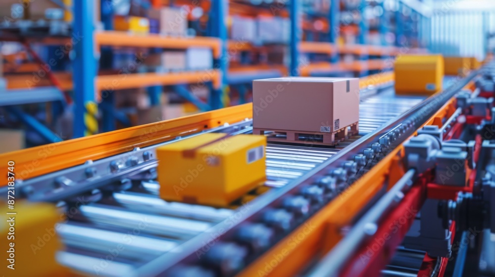 Poster cardboard boxes move along a conveyor belt in a warehouse setting. the boxes are being transported t