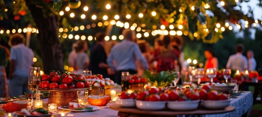 Fototapeta premium Elegant Evening Garden Party with Tomato-Themed Centerpieces and Gourmet Dining Under Fairy Lights