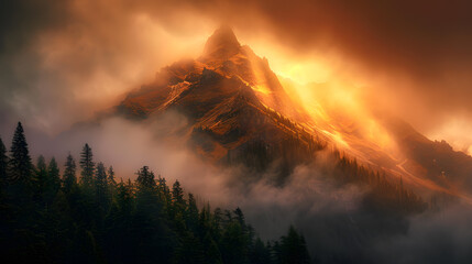 Fototapeta premium A mountain with a sun shining on it