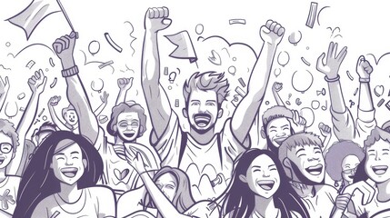 An elegant line art illustration of a cheering crowd at a festival