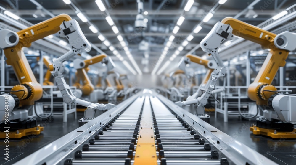 Leinwandbilder a row of robotic arms work on an assembly line in a modern factory. the arms are yellow and white an