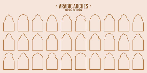 Islamic frames, oriental style objects. Arabic shapes, windows and arches. Traditional ornamental banner, frame. Muslim holidays, Ramadan Kareem. Modern eastern architecture. Vector illustration