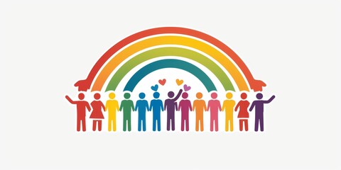 Diverse Group of People Holding Hands Under a Colorful Rainbow
