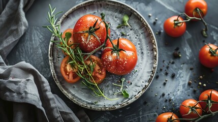 Elegant Heirloom Tomato Dish on Rustic Plate for Gourmet Food Magazine Cover Design
