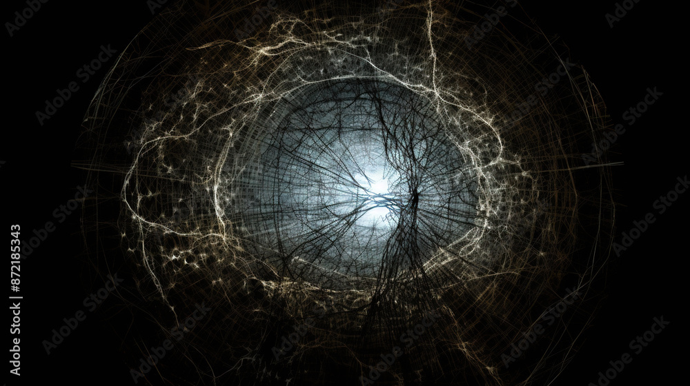 Poster Abstract dark background with light fractal ornament of moody black hole of web and particles.