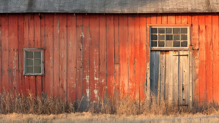 A rustic barn with a red roof sits in a field of tall grass