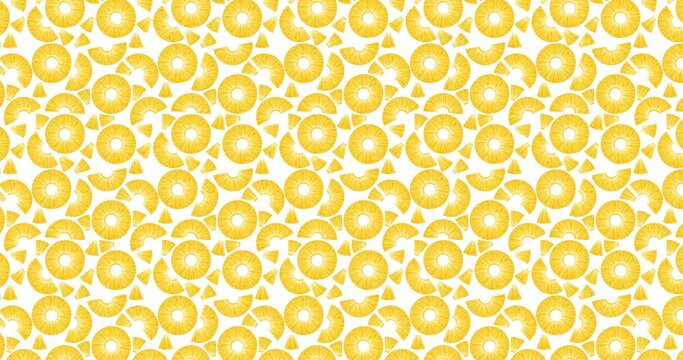 4K animated pattern of pineapple pieces moving from top to bottom. Juicy pineapple rings in a hand-drawn style creating a repeatable background. Horizontal video.