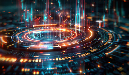 Abstract digital interface with dynamic lines and graphs, on a dark blue and orange background, concept of data analysis. Generative AI
