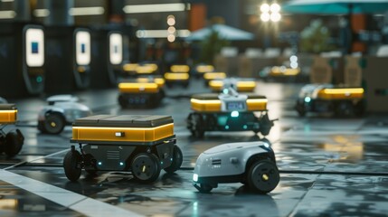Several autonomous delivery robots navigate a city environment, transporting goods on their cargo platforms. The robots are moving slowly, avoiding pedestrians and obstacles.