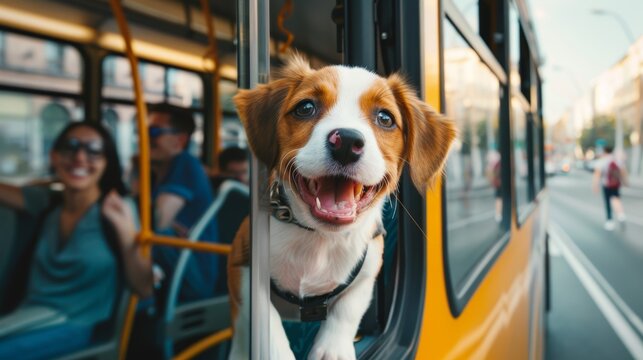 Excited Puppy on Bus Ride in Bustling Bus Station - Perfect for Travel, Adventure, and Happiness Themes