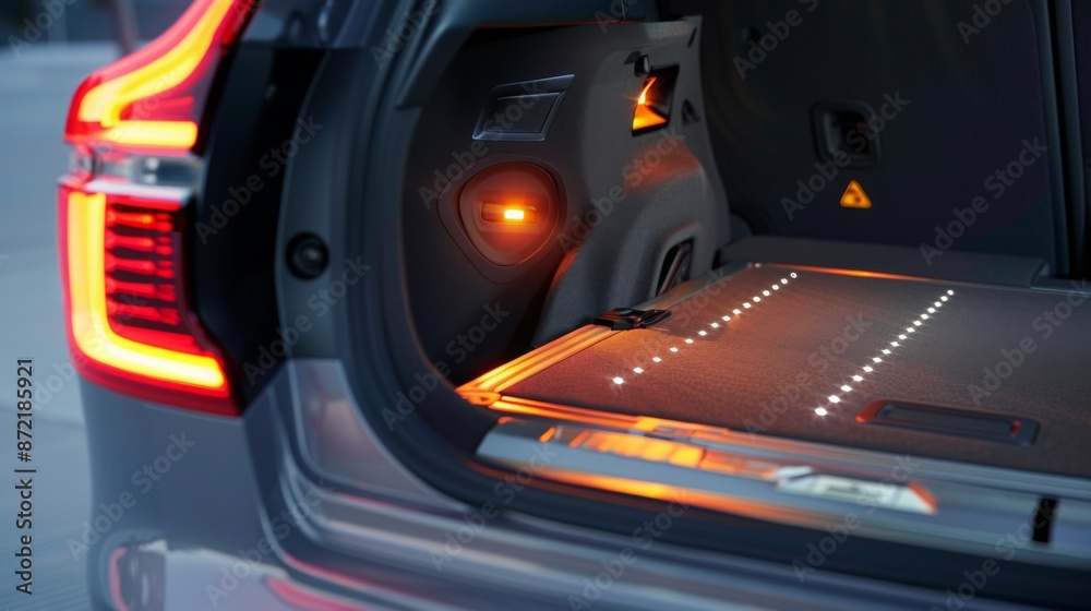 Poster A close-up view of the open trunk of a modern car. The interior of the trunk is lit by multiple orange LED lights, illuminating the cargo space.