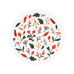 Collection of autumn leaves and berries in a circle. Isolated graphic element for banners and flyers, print, clothes.
