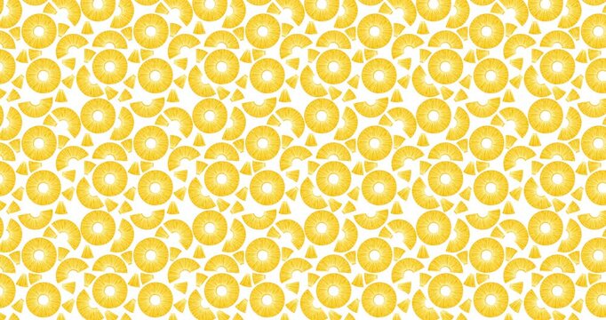 4K animated pattern of pineapple pieces moving from left to right. Juicy pineapple rings in a hand-drawn style creating a repeatable background. Horizontal video.
