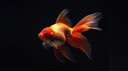 Vibrant goldfish with flowing fins swimming gracefully in dark water.