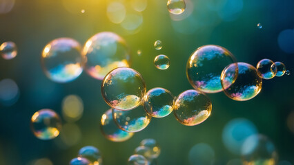 Many soap bubbles floating in the air against a backdrop of bright sunlight, the bubbles reflect and refract the light, creating a variety of colors and highlights