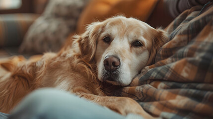 Obraz premium Dog resting on couch with blanket. Generative by AI