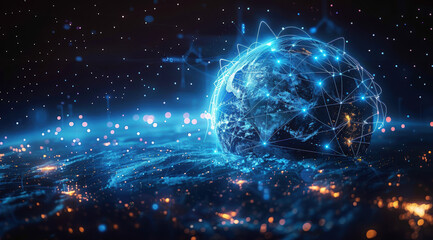 Obraz premium Abstract digital planet Earth with a global network and connectivity concept made of glowing dots, lines, or connections on a black background, blue frosted glass acrylic material. Generative AI