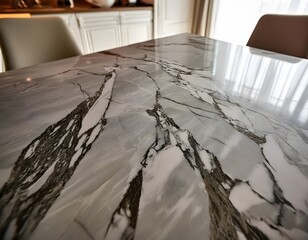 close up of texured marble top with chairs and kitchen background with shallow depth of field