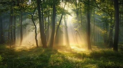Obraz premium Early morning mist in a forest, sunlight piercing through the fog, tranquil and ethereal