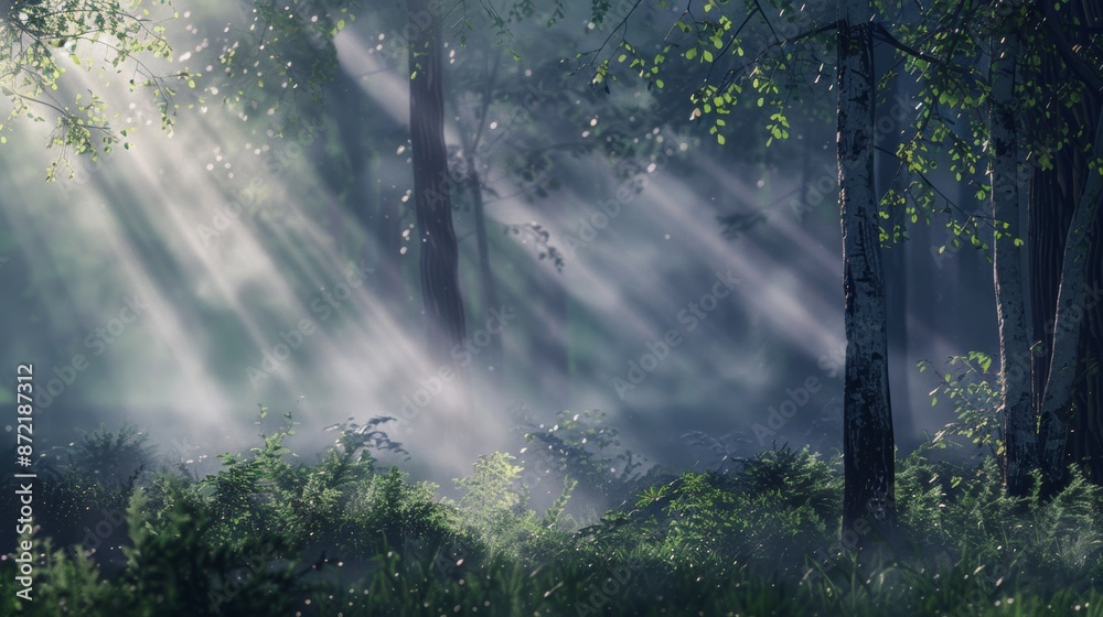 Poster early morning forest with dense fog, sunlight filtering through, creating a mystical atmosphere