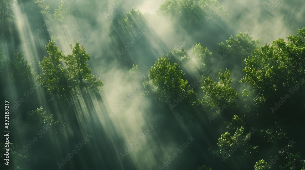 Poster early morning forest with dense fog, sunlight filtering through, creating a mystical atmosphere