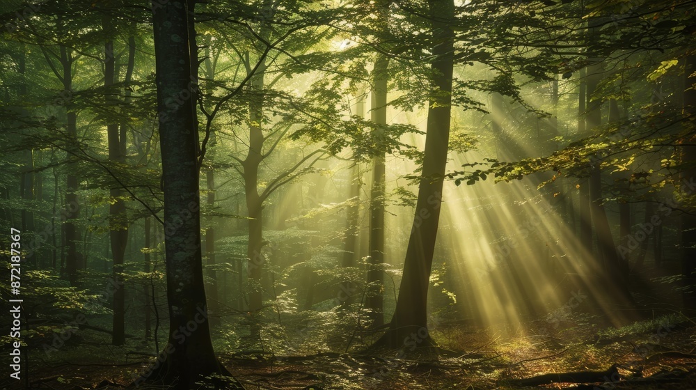 Poster early morning forest with dense fog, sunlight filtering through, creating a mystical atmosphere