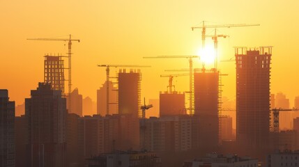 Sunset urban skyline with silhouetted construction cranes and buildings