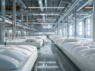 Obraz premium Factory with rows of white mattresses in a precise manufacturing arrangement. Concept Manufacturing, Factory, Rows, Mattresses, Precision