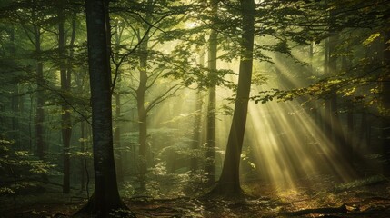 Naklejka premium Early morning forest with dense fog, sunlight filtering through, creating a mystical atmosphere
