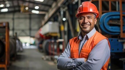 Smiling worker in orange vest and hard hat inside an industrial warehouse.