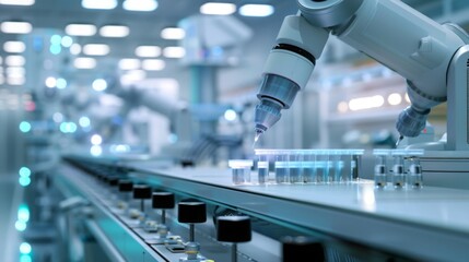 A robotic arm fills test tubes with liquid on a production line inside a clean, modern factory. The arm is moving precisely, ensuring accurate dispensing of the liquid.