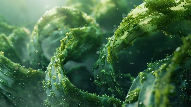 Close-Up of Spirulina Cyanobacteria with Glossy Green Texture - Detailed macro shot of spirulina cyanobacteria showcasing intricate glossy green texture and patterns. Ideal for nature and science them