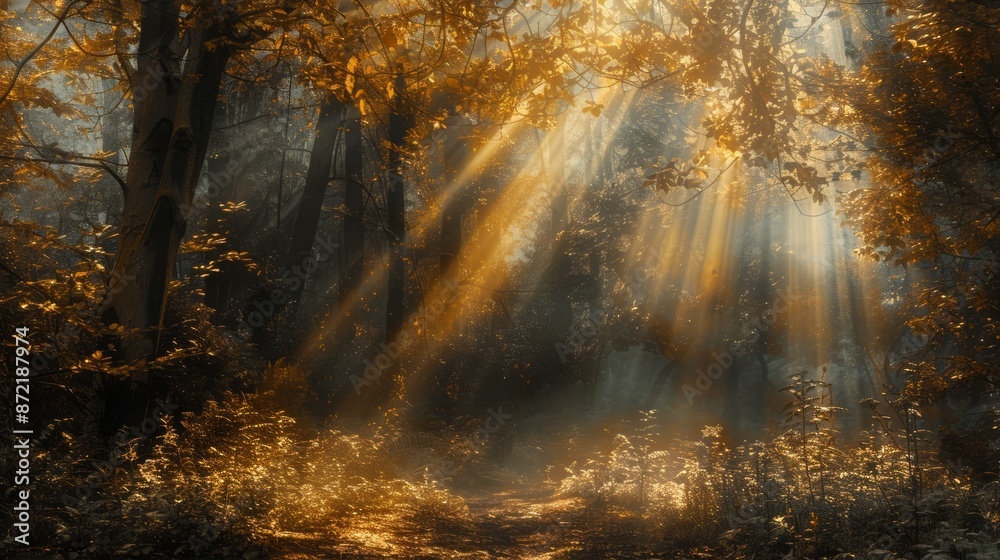 Poster enchanted woods with golden rays of sun creating ethereal effect