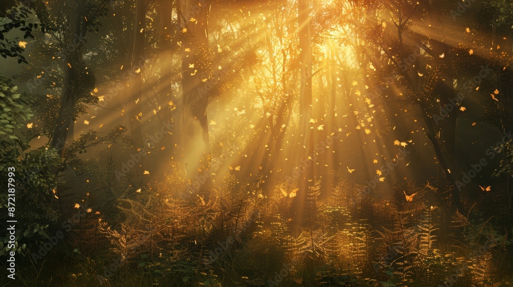 Poster enchanted woods with golden rays of sun creating ethereal effect