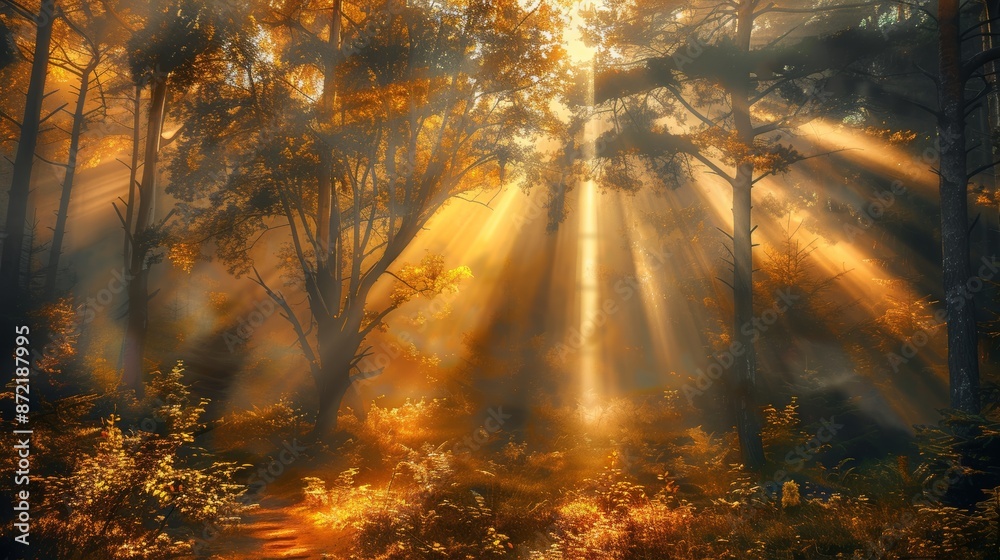 Poster enchanted woods with golden rays of sun creating ethereal effect
