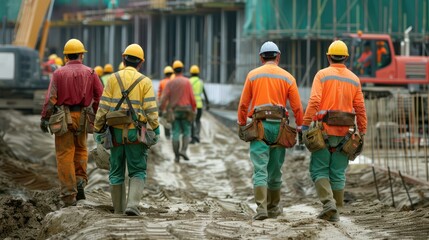 Construction Workers at a Busy Job Site Working on a New Building
