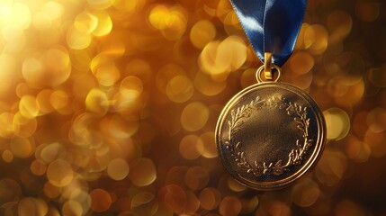 Elegant Gold First Place Medal with Blue Ribbon on Golden Bokeh Background for Award Celebrations