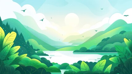 Obraz premium Serene sunrise over lush green hills with a river and birds flying