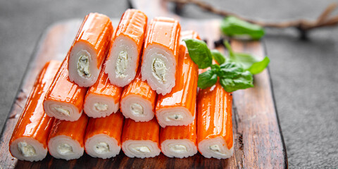 crab stick stuffing cream cheese fresh appetizer meal food snack on the table copy space food background rustic top view © Alesia Berlezova