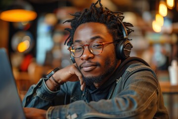 Fototapeta premium Man With Dreadlocks Wearing Glasses and Headphones Works on Laptop in Cafe
