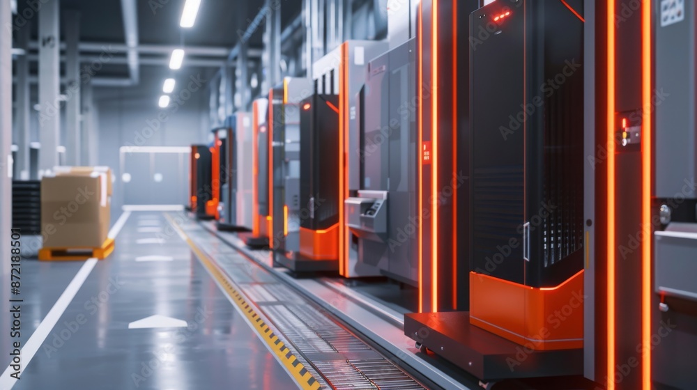 Fototapete an automated warehouse conveyor system with multiple machines and a pallet in the background.